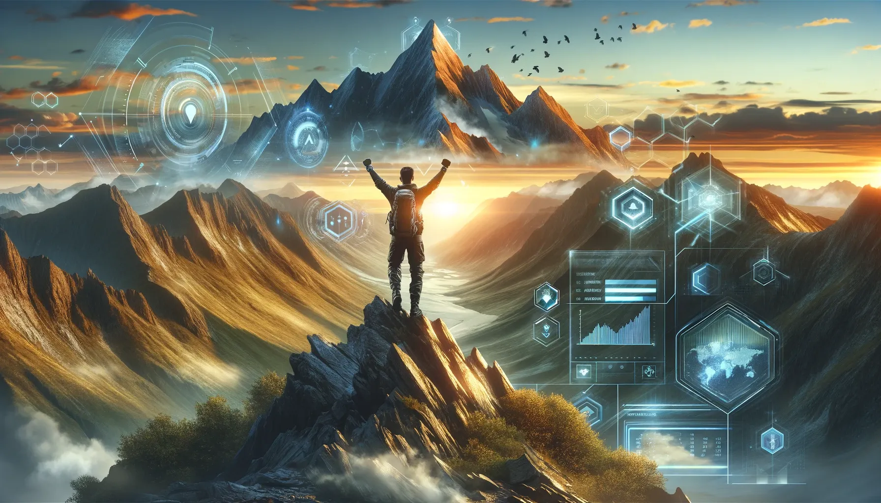 A person triumphantly stands atop a mountain peak with arms raised, wearing futuristic hiking gear. The sunrise illuminates the scene, blending with subtle holographic technology elements in the foreground.