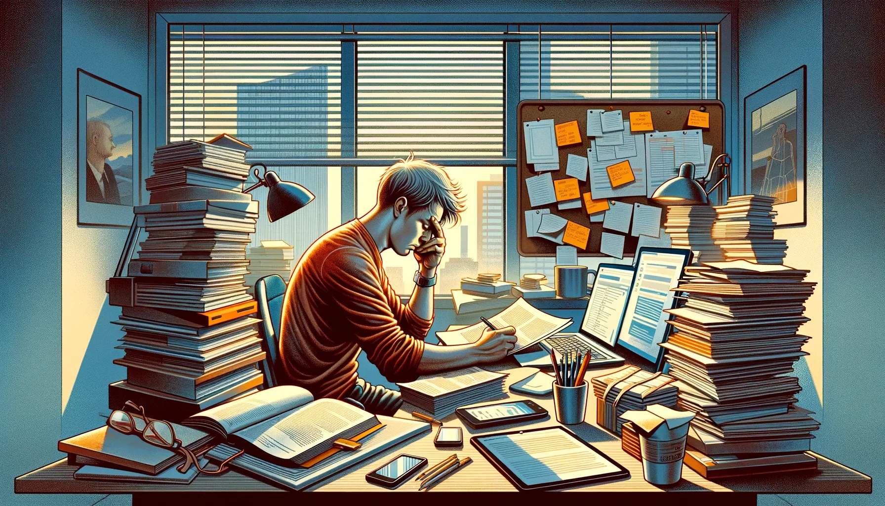 In a modern office, a person is focused on writing, surrounded by documents and a note-filled bulletin board, preferring analog methods over digital tech like the ignored computer and smartphone on the desk.