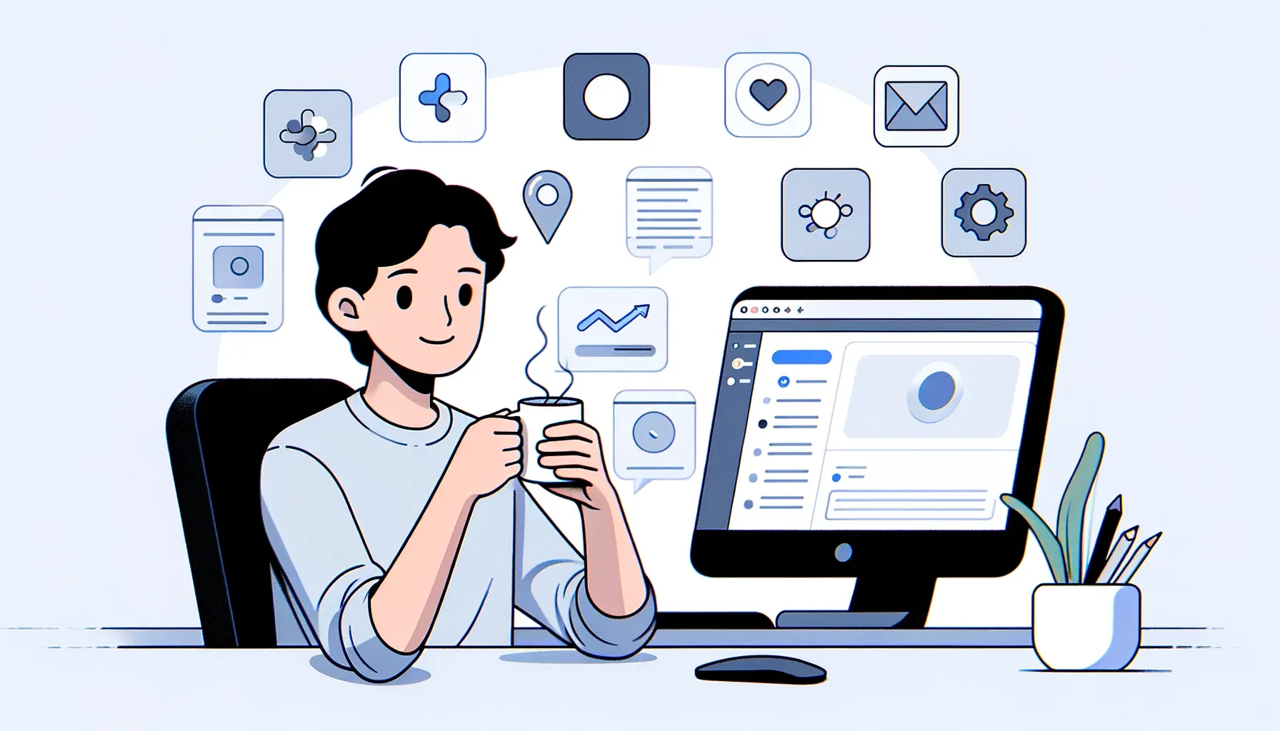 Illustration of a person sitting at a desk with a coffee cup, in front of a computer with various application icons in the background.