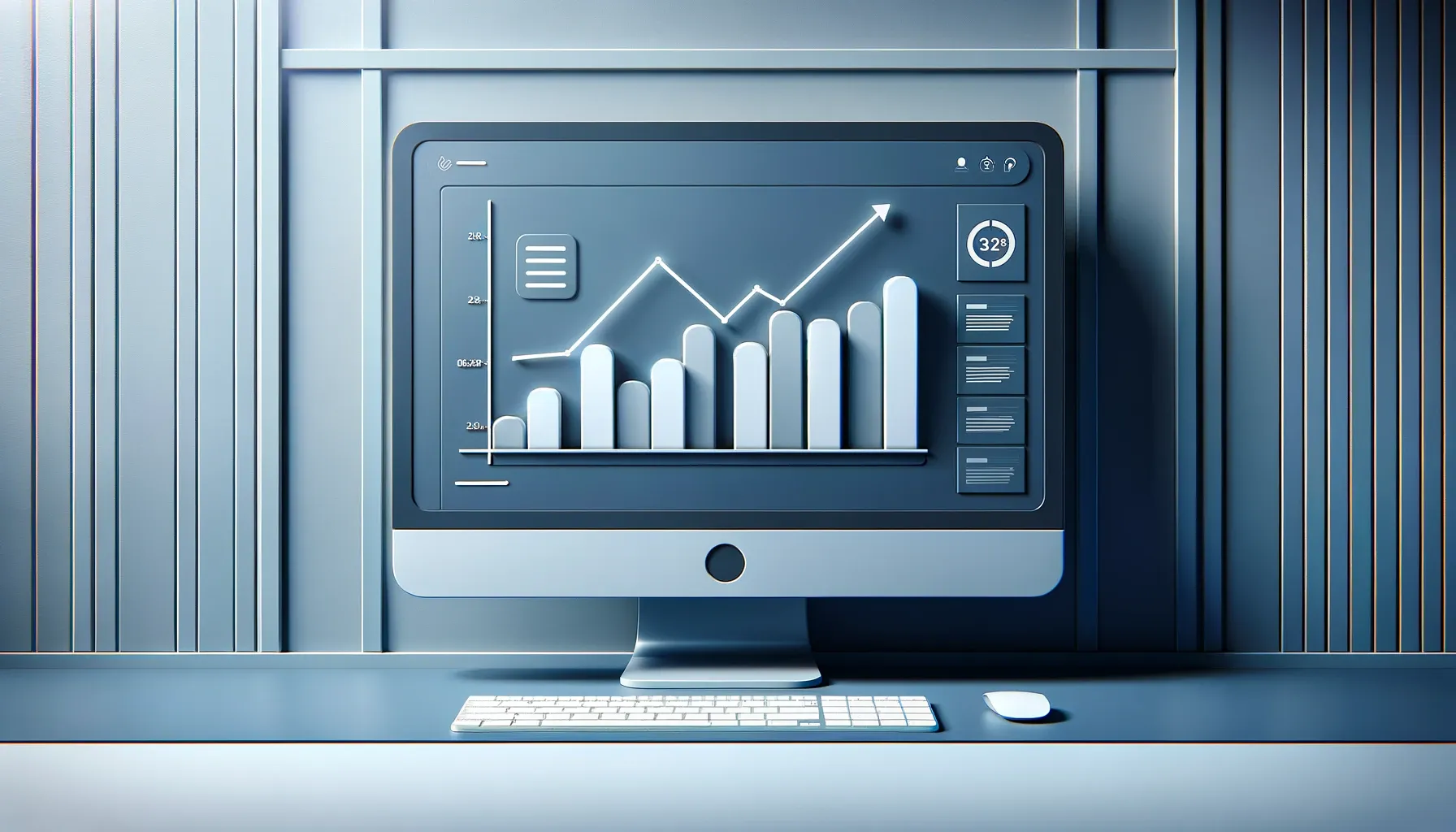 Stylized image of a computer monitor displaying a 3D graph chart representing data analysis on a sleek blue background.