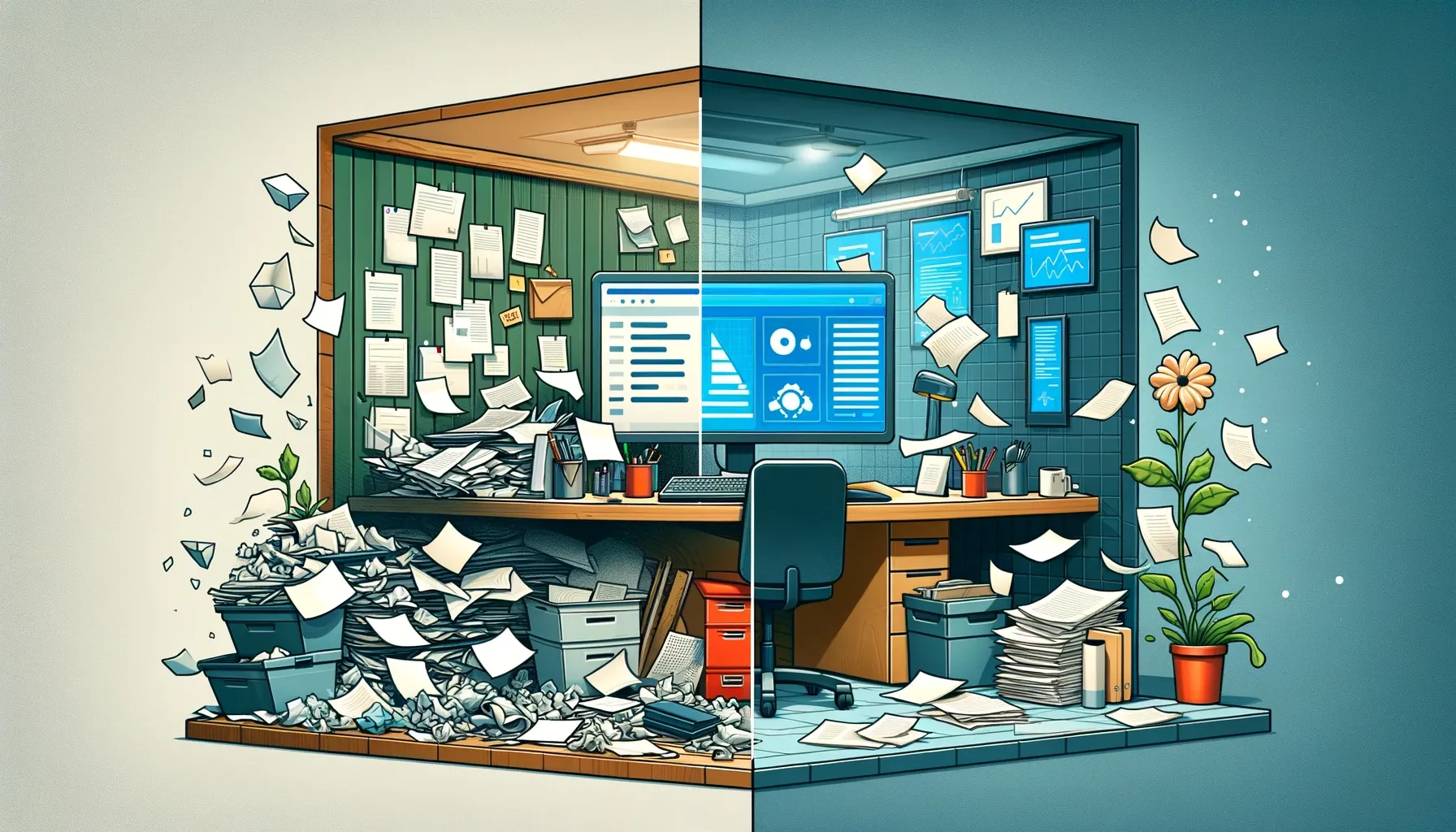 Artistic depiction of an office split in two contrasting styles, one cluttered and overwhelmed with paperwork, the other clean and digital.