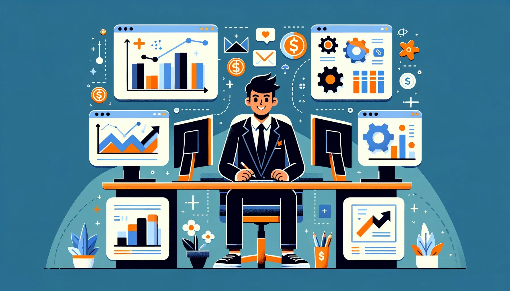 Cartoon of a businessman at a desk surrounded by multiple screens showing graphs, analytics, and business icons.