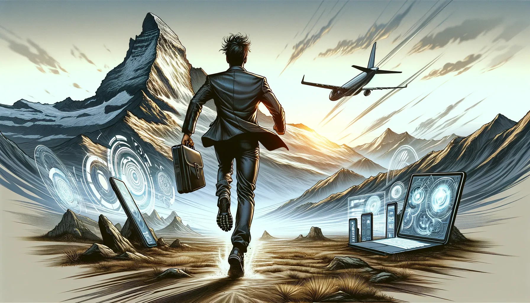 Entrepreneur running towards a mountain with technological gadgets in the wilderness.
