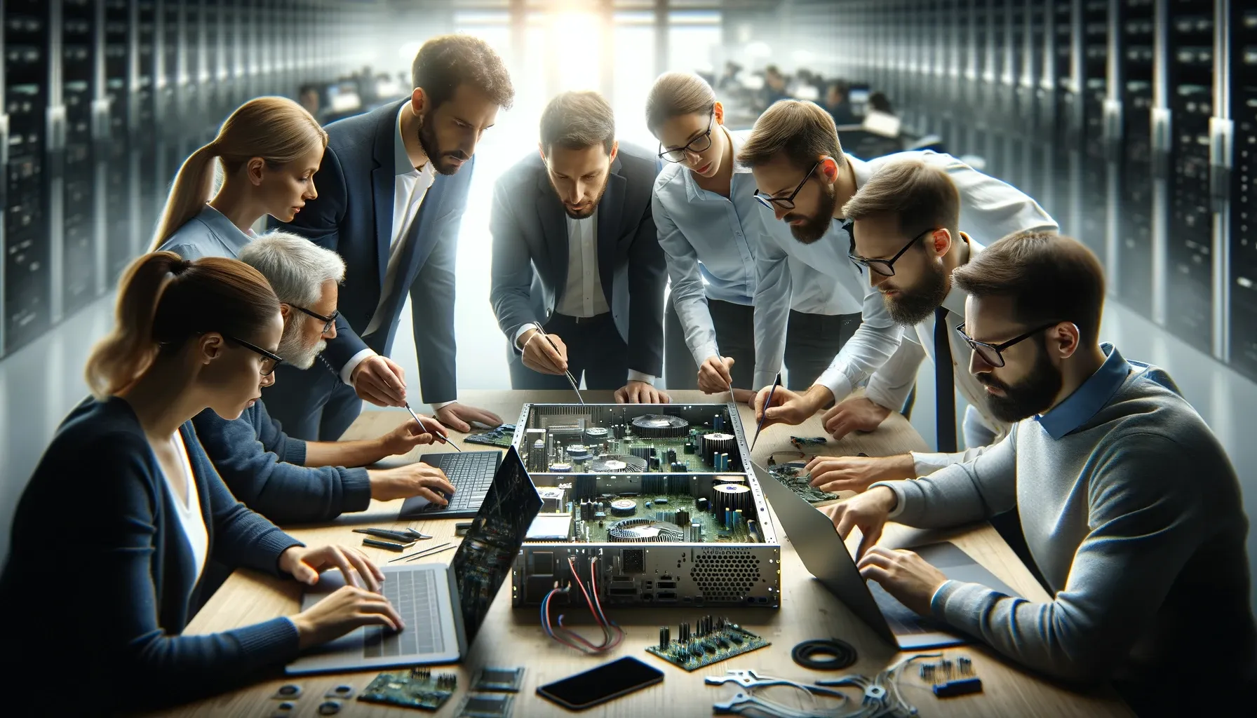 Team of IT professionals working together on computer hardware in a server room.
