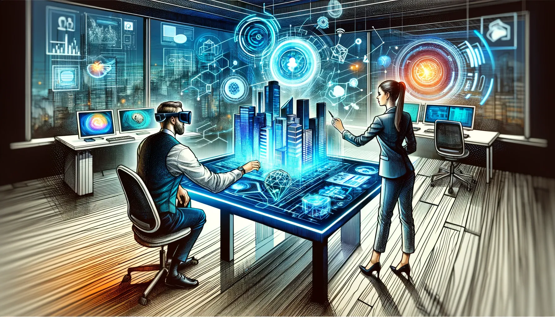  ChatGPT A woman and a man with virtual reality headsets interacting with a 3D holographic cityscape projection in a futuristic office setting.