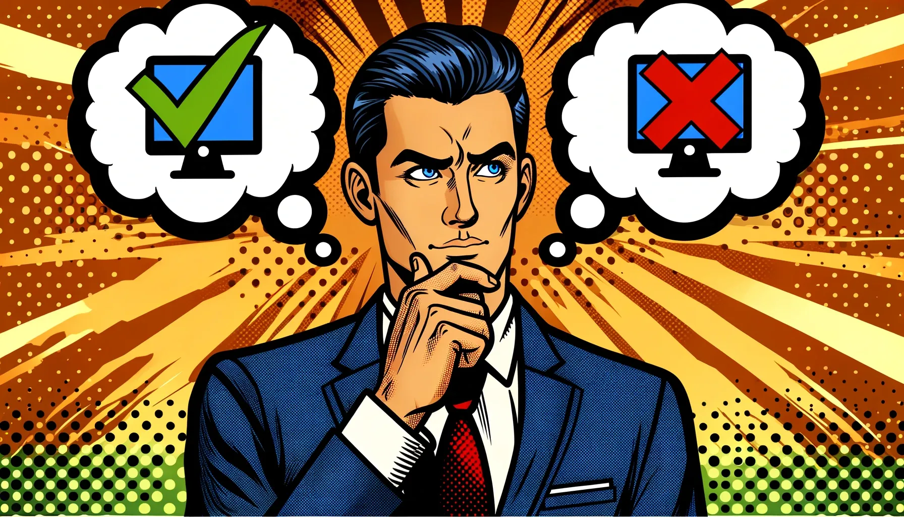 A man in a suit with a thoughtful expression, contemplating between a computer monitor with a green checkmark and another with a red cross in a thought bubble, illustrated in a vibrant comic book style.