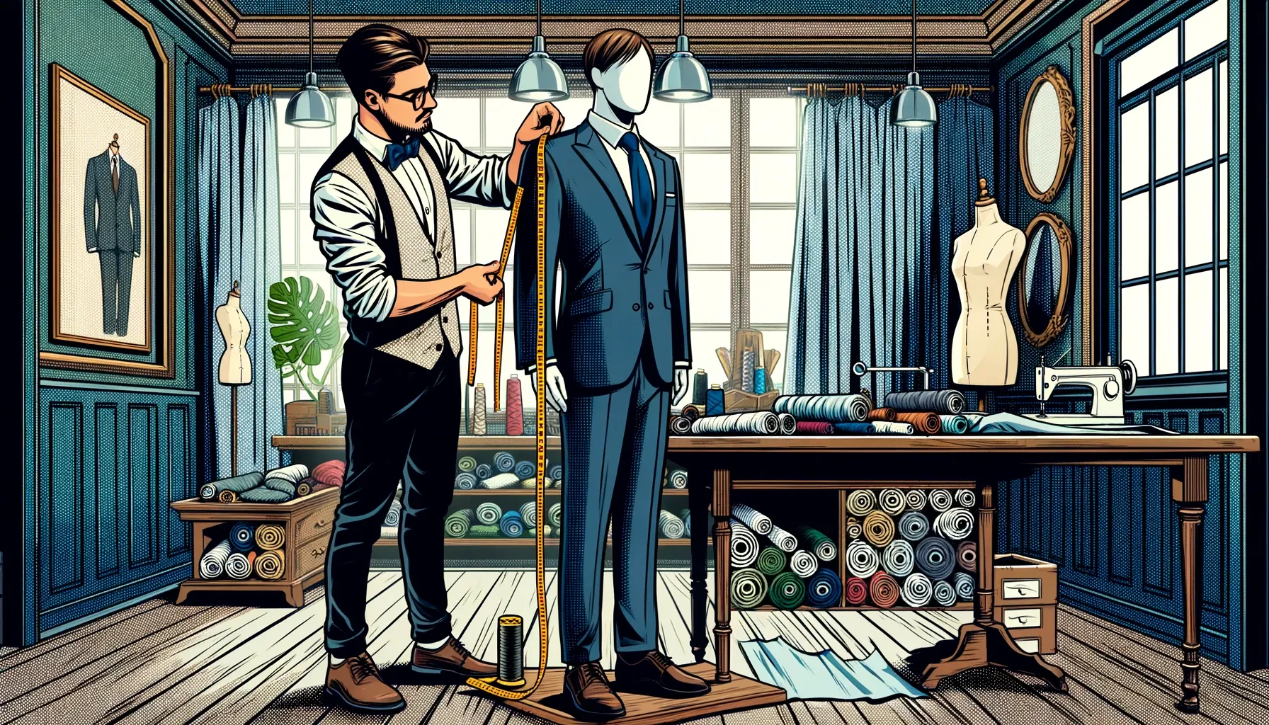 A tailor measuring a mannequin dressed in a suit in a vintage tailoring workshop, surrounded by rolls of fabric and sewing equipment, depicted in a detailed comic book style.