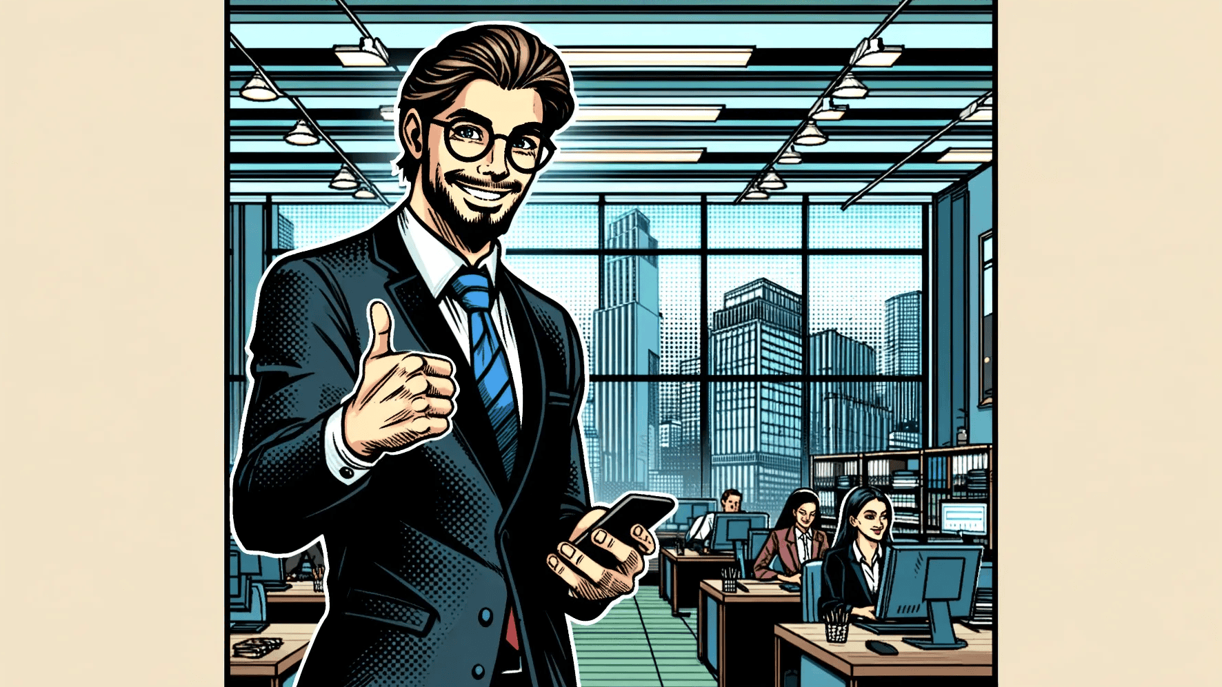 Entrepreneur giving a thumbs-up in a simplified office, pleased with software, in a soft-colored, comic book-style illustration.