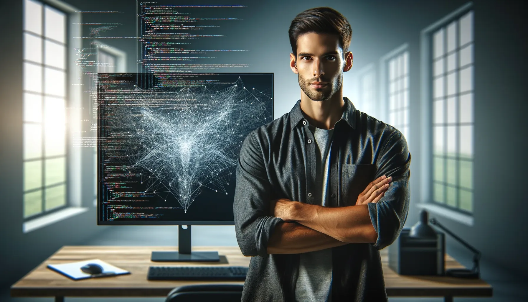 A confident software developer standing with crossed arms in front of a monitor displaying intricate code and data visualizations.