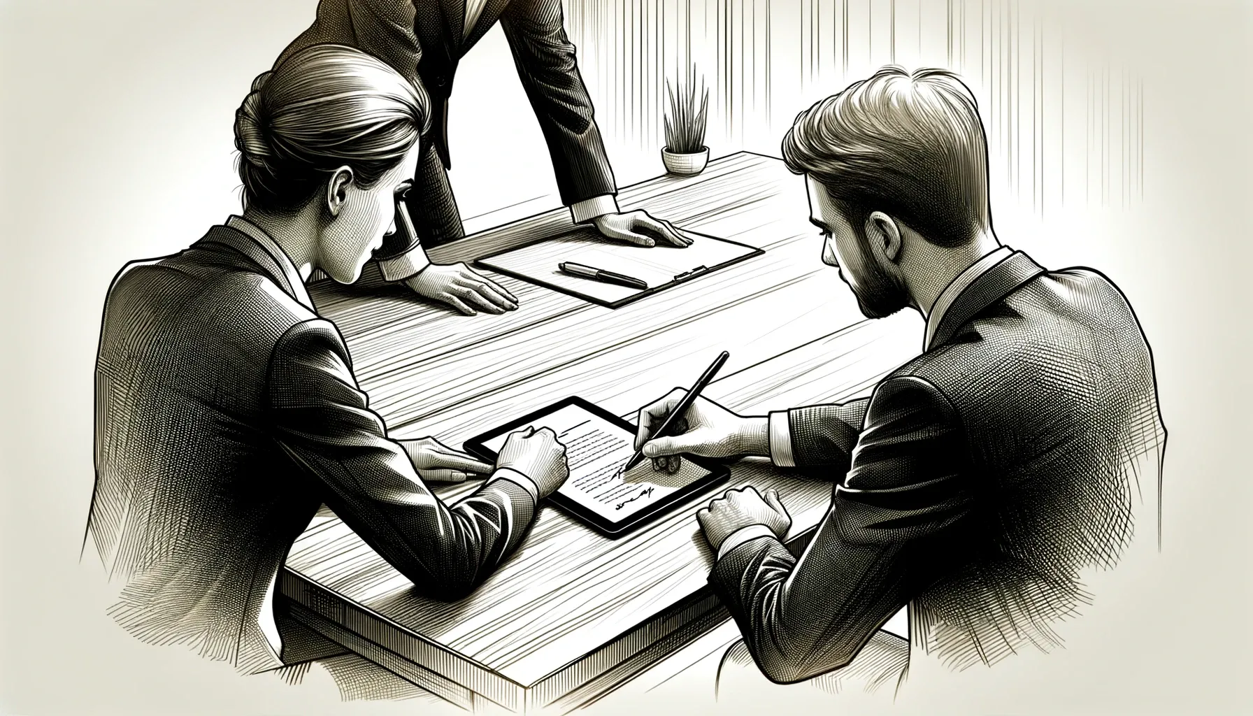 A sketch-style illustration of two professionals at a business meeting, signing a contract on a tablet.