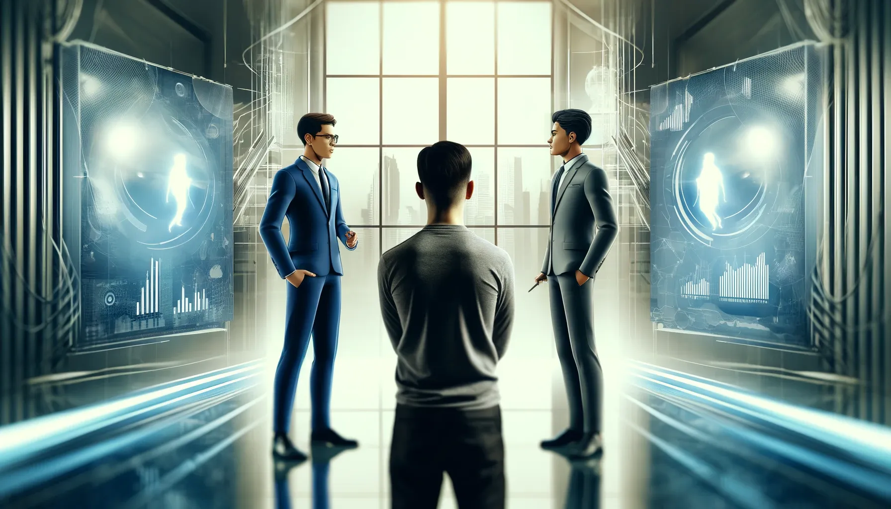 A wide image depicting a person considering two different businessmen. The scene is set in a modern office with a light technology background