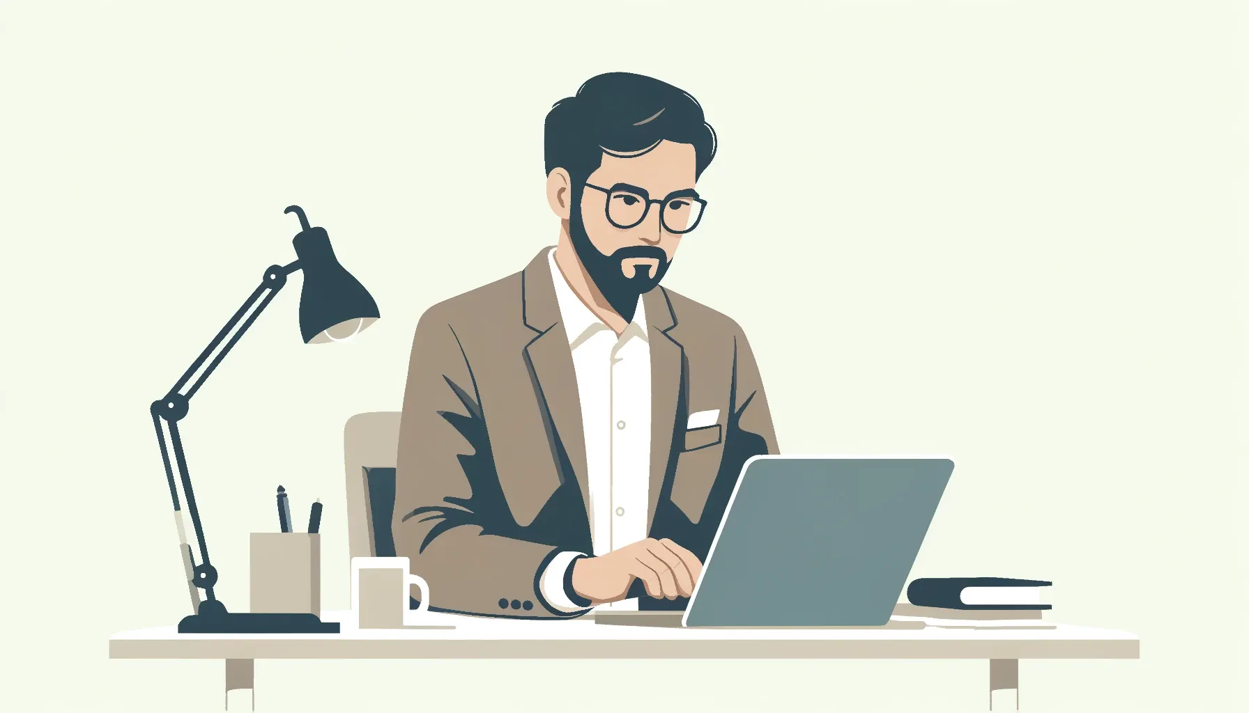 A simple drawing of an expert programmer, a middle-aged South Asian male, in a minimalist style. He is dressed in a smart casual outfit with a blazer