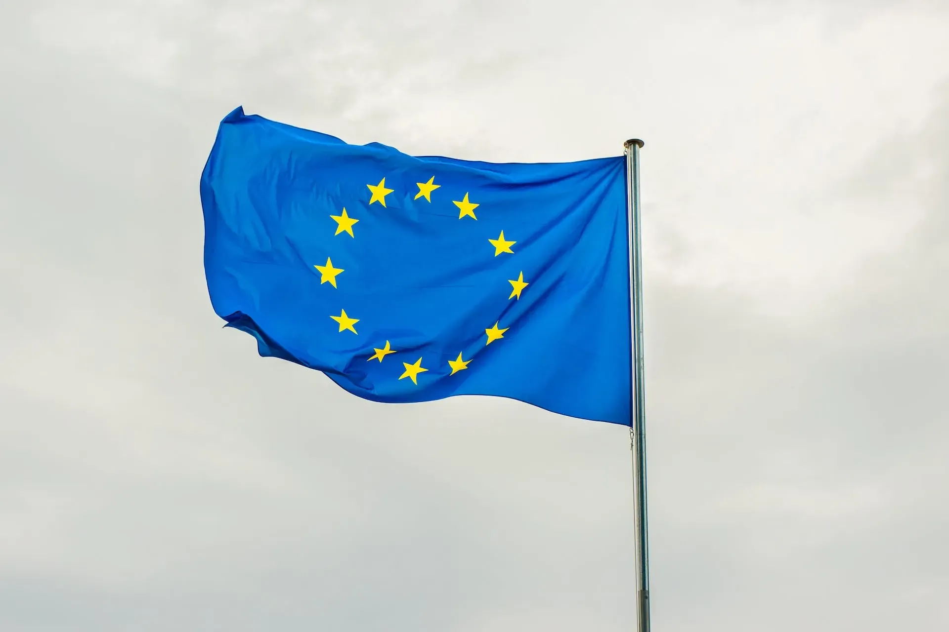 A flag of the European Union waving against a cloudy sky.